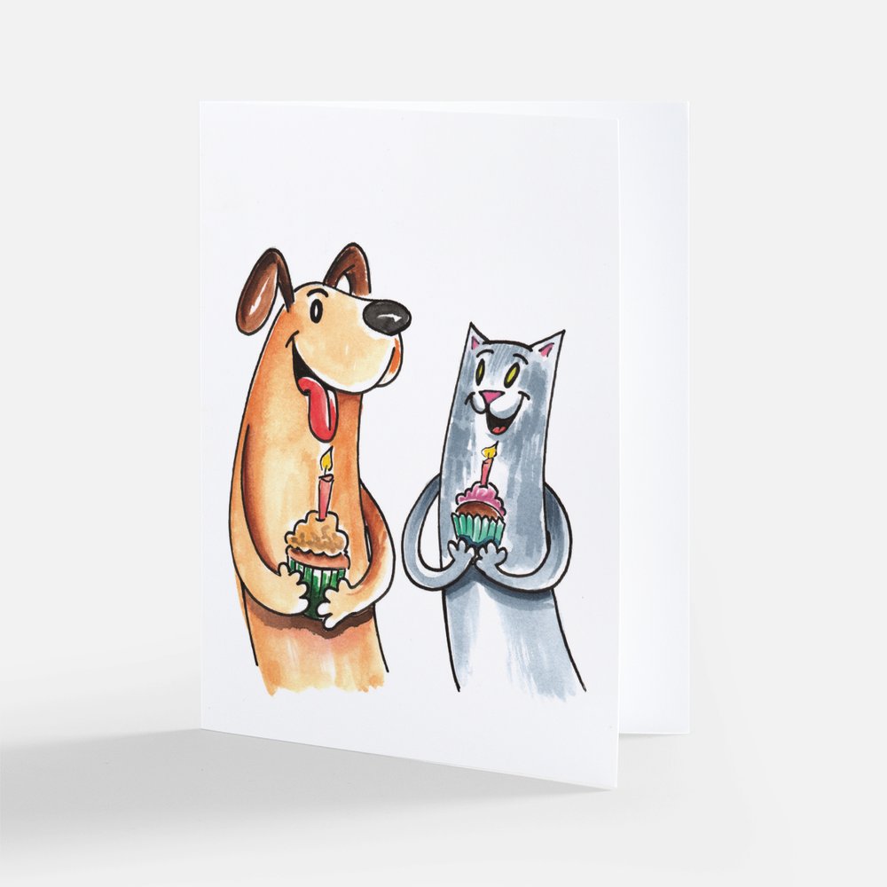 Dog and Cat with Birthday Cupcakes