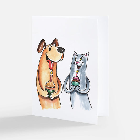 Dog and Cat with Birthday Cupcakes
