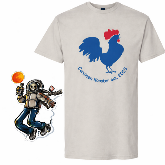Cerulean Rooster T-shirt and Sticker Combo Bundle